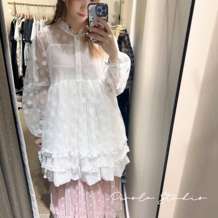 જ⁀➴♡ ✨花花網料日系外套 + 菱格吊帶泡泡裙