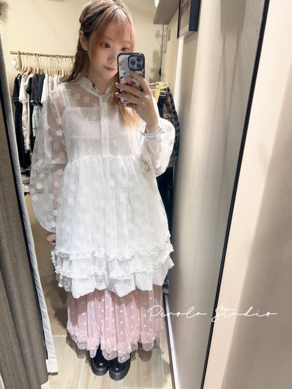 જ⁀➴♡ ✨花花網料日系外套 + 菱格吊帶泡泡裙