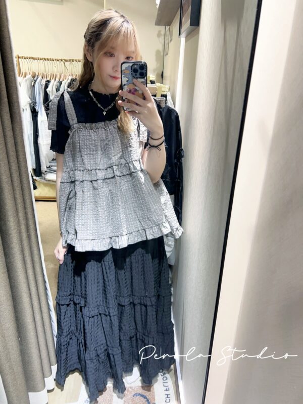 જ⁀➴♡ ✨日系格紋花邊吊帶外搭