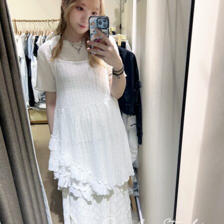 જ⁀➴♡ ✨暗花斜開花邊吊帶外搭