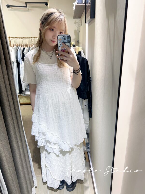 જ⁀➴♡ ✨暗花斜開花邊吊帶外搭