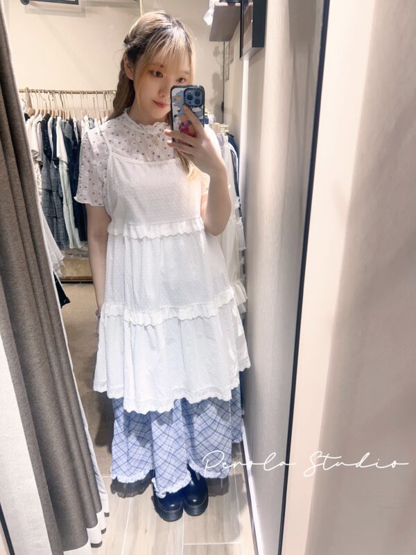 જ⁀➴♡ ✨日系雪紡格紋花邊半裙