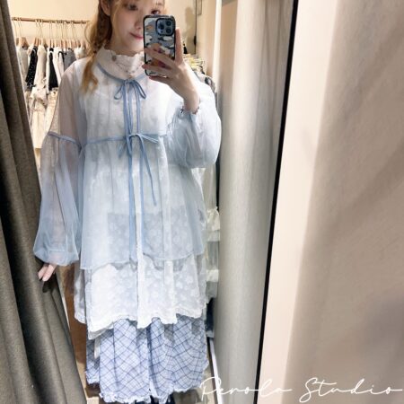 જ⁀➴♡ ✨日系透感網罩外套+花花吊帶外搭