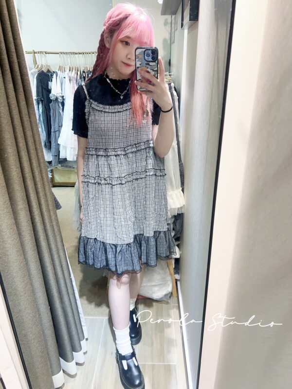 IMG_7401 જ⁀➴♡ ✨日系格紋花邊拼紗吊帶裙